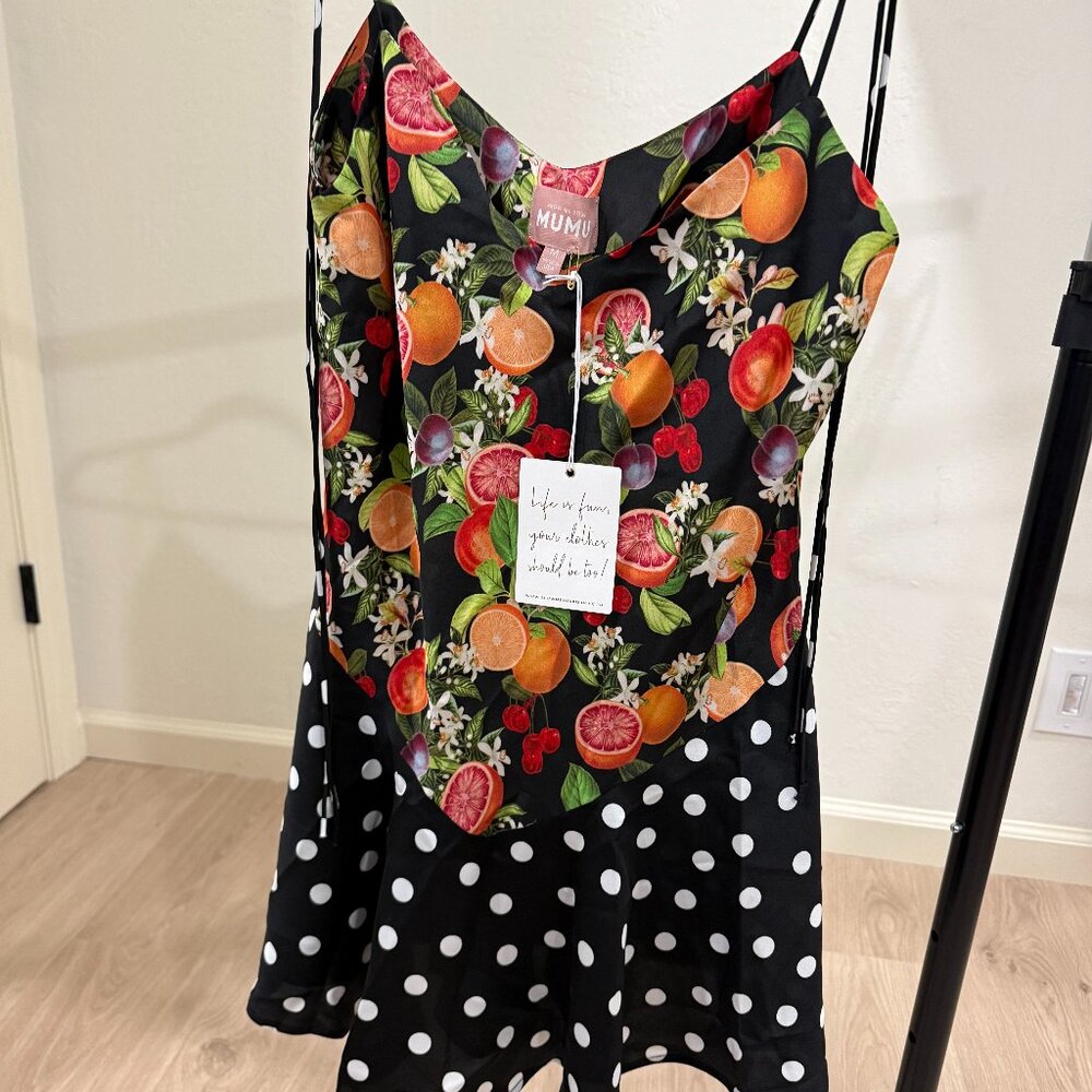 Show Me Your MuMu Uptown Tie Mini Dress in a black fruit and polka dot print - Picture 2 of 8